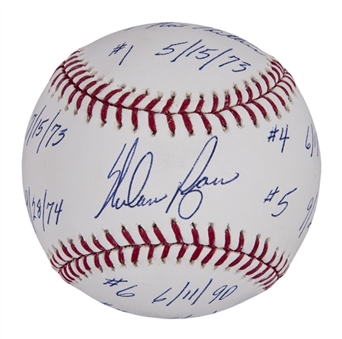Nolan Ryan Signed & Inscribed OML Selig Baseball With All 7 Career No-Hitters Numbers & Dates (Ryan Holo)